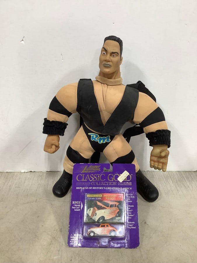 Classic Gold Collection 1933 Custom Willy's car with card(new in package) and The Rock WF Bone: Classic Gold Collection 1933 Custom Willy's car with card(new in package) and The Rock WF Bone Crunchin Buddies doll