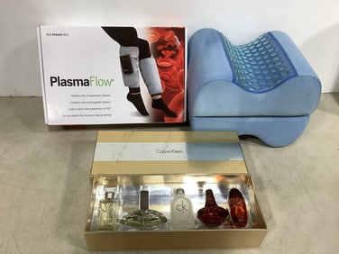 PlasmaFlow compression device, Calvin Klein colognes, and leg elevating inflammation reliever