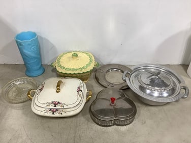 Fenton vase, hand forged everlast metal covered pot, glass organizer with lid, and more