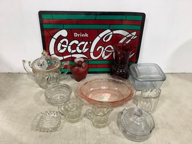 Coca Cola placemat, vases, mini glass pitchers, and more