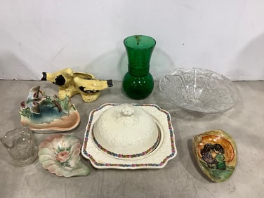 Birds bowl(slightly chipped), green glass vase(6.5in.tall), ceramic planter, and more