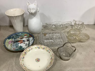 Cat pitcher(11in.tall), decorative plates, glass organizers, and more