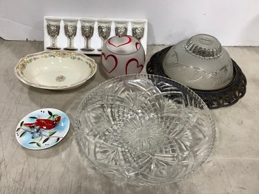Glass dome lamp cover, Raimond miniature goblets, crystal cut glass bowl, and more