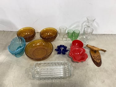 Drinking glasses, glass bowls, and more