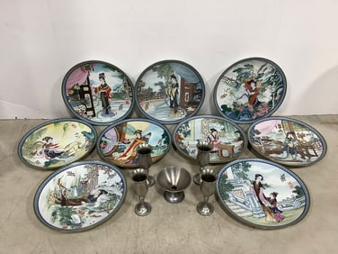 Pewter miniature goblets and decorative plates