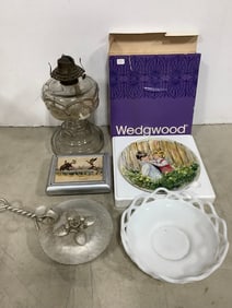 Wedgwood collectible plate, vintage oil lamp, milk glass bowl, and more(tallest 10.5in.)