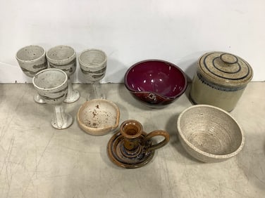 Stoneware container with lid, ceramic candleholder, stoneware drinking glasses, and more