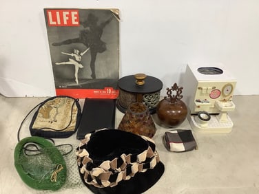 Vintage hat, Life magazine, napkin holder, and more