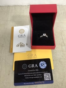 GRA moissanite ring in box with certification card