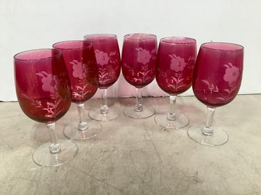 Vintage Cranberry Etched Glasses (6in Tall)