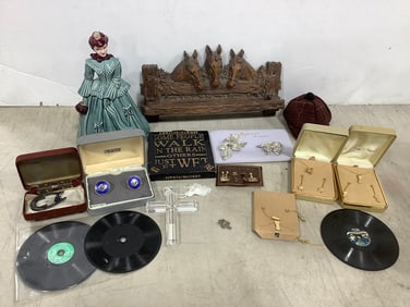 Florence Ceramic Statue (8in Tall), Various Costume Jewelry, Coasters, and more