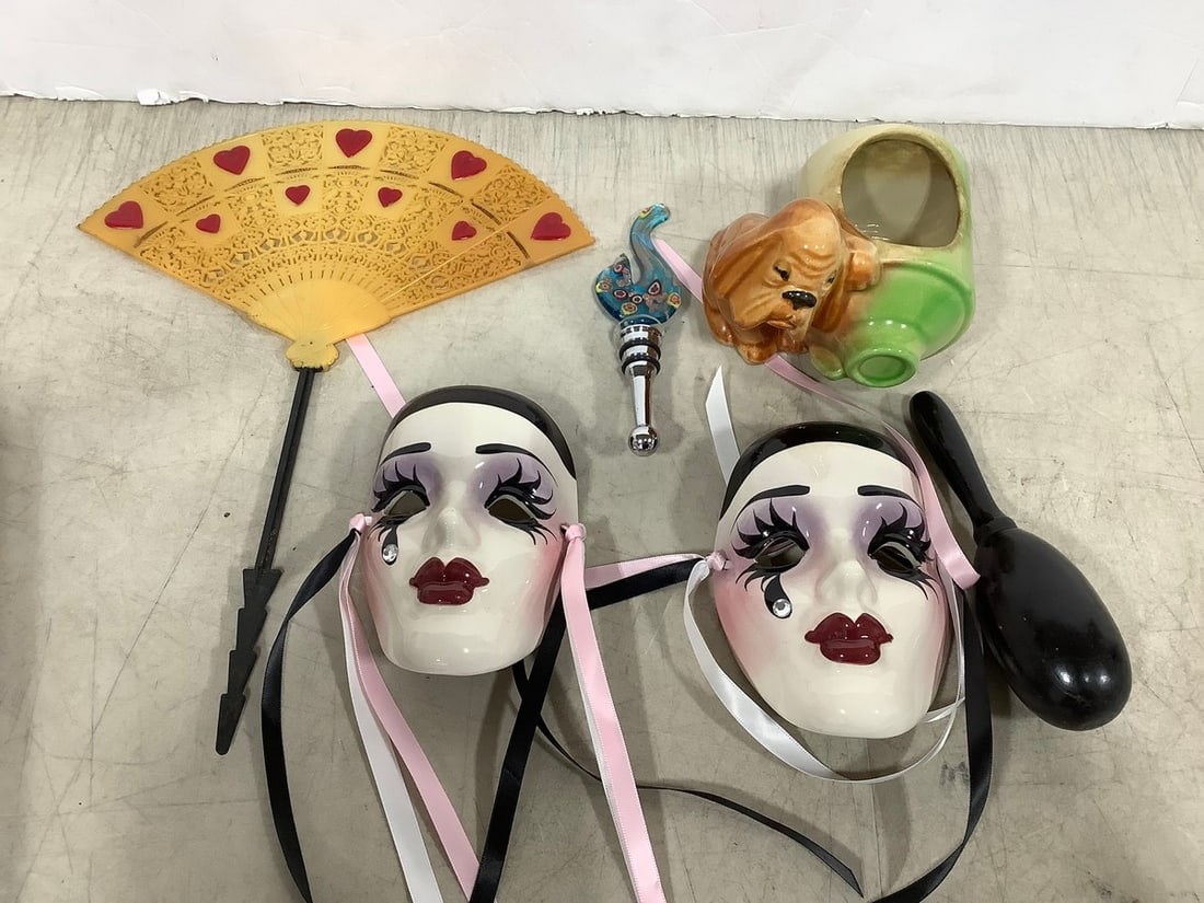 Ceramic masks, hand fan, Shawnee ceramic, and more (1 of 1)