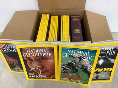 National Geographic magazines in cases