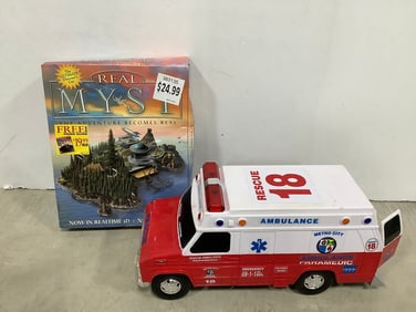 Real Myst computer game and toy paramedic truck