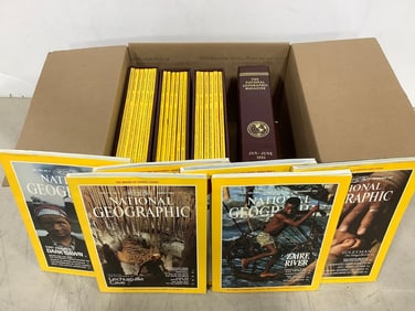 National Geographic magazines in cases