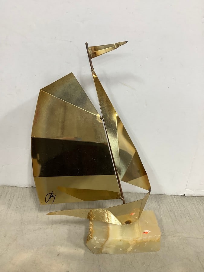 Metal Boat Sculpture Art by Curtis Jere (12in Tall)