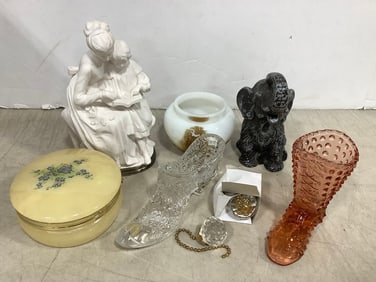 Decorative Container *needs repair,* Glass Boot Decor, Ceramic Statue, and more (Tallest - 7.5in)