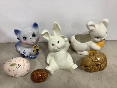 Various Ceramic Bunnies, Ceramic Egg Container, and more (Tallest - 7.5in)