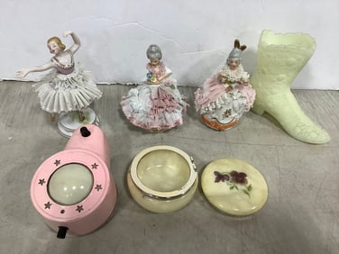 Ceramic Figurines *chipped,* Fenton Glass Boot, and more