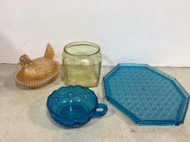 Blue Glass Bowl/Plate, Carnival Glass Chicken Dish, and more