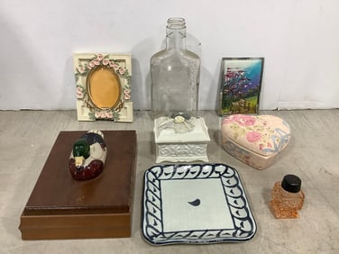 Vintage Glass Bottle, Ceramic/Wooden Containers, and more(6.75in.tallest)