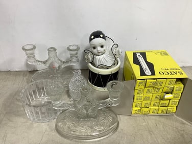 Vintage Music Box Porcelain Clown in Drum Glass Candle Holders, Satco Tubular 25 Watt Bulbs, and
