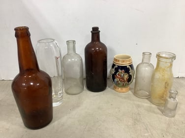 Vintage Glass Bottles, Vase, and more (Tallest - 9in)