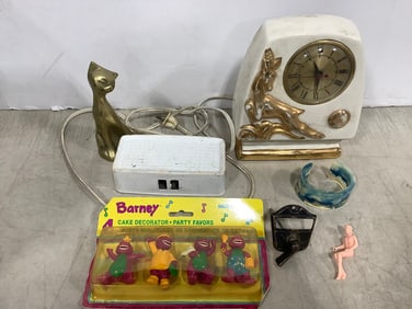 Barney party favors, brass cat statue, decorative clock, and more(tallest 8.5in.)