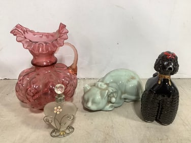 Vintage perfume bottle, cermic cat, vase, and more(tallest 8.5in.)