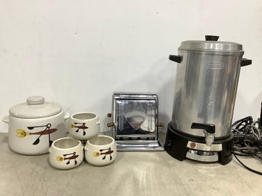 Vintage Toaster, Westbend Coffee Maker, Westbend Stoneware Pot and Bowls, and more