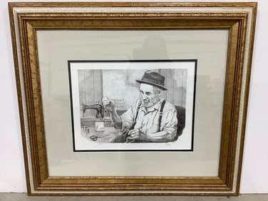 Framed Black and White Tailoring Art Print signed by Emanuel Schary (25.5inx30in)