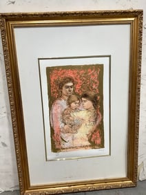 Framed 3 Figure Family Art Print by Edna Hibel (24inx34in)