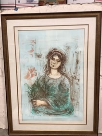 Framed Boy with Donkey Lithographic Print by Edna Hibel (31.5inx38.5in)
