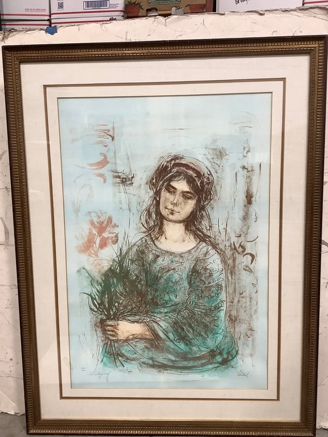 Framed Boy with Donkey Lithographic Print by Edna Hibel (31.5inx38.5in): Framed Boy with Donkey Lithographic Print by Edna Hibel (31.5inx38.5in)