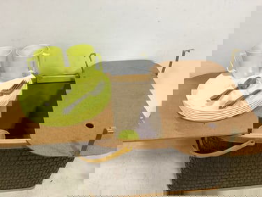 Vintage Wooden Basket with Plastic Serving Trays, and more