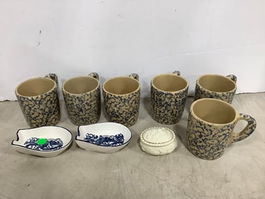 R.R.P. stoneware mugs(4in.tall), ceramic container with lid, and ceramic ladle holders