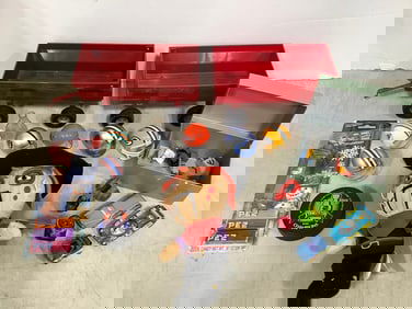 Matchbox cars, miniature sports helmets, Bandit doll, and more