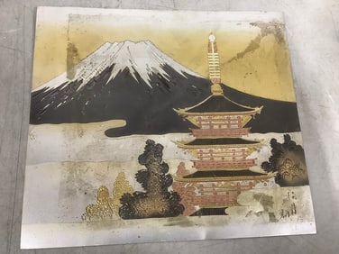 Signed oriental artwork on tin(9.5in.x10.5in.)
