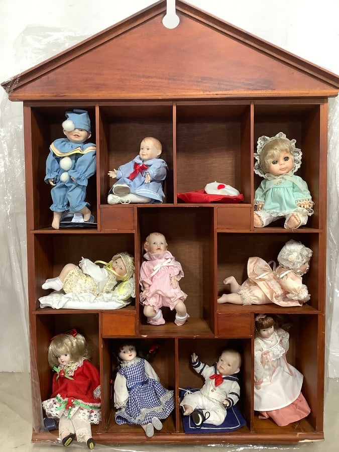 Wooden Case with Ceramic Dolls (19.75inx26in): Wooden Case with Ceramic Dolls (19.75inx26in)