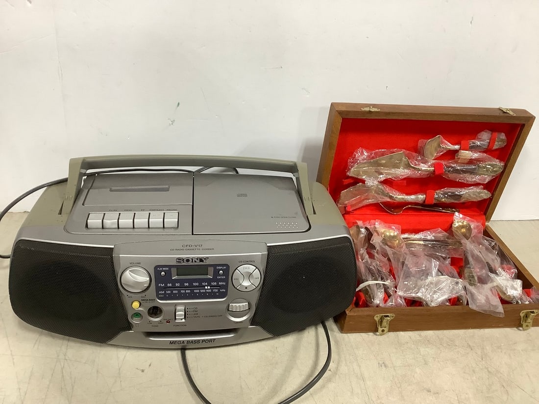 Various Silverware in Case, and Sony CD Radio Cassettecorder (1 of 1)