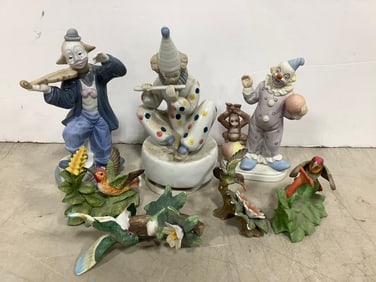 Ceramic Clown Statues, and Ceramic Bird Decor (Tallest - 8.25in)
