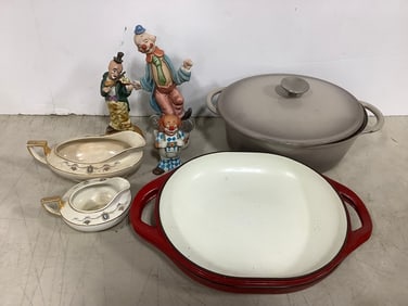 Various Ceramic Clown Statues, Homer Laughlin Gravy Boats, Enameled Pans, and more
