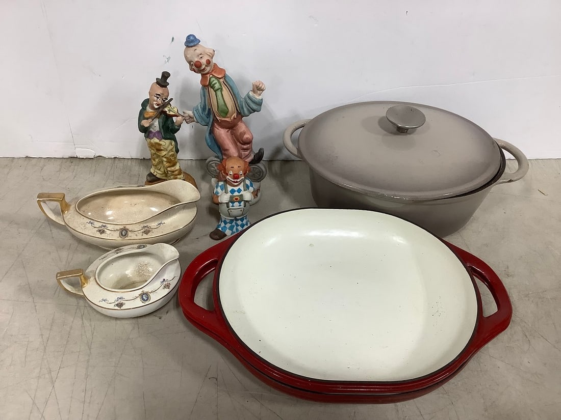 Various Ceramic Clown Statues, Homer Laughlin Gravy Boats, Enameled Pans, and more (1 of 1)