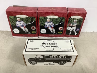 Various Keepsake Hockey Ornaments, and 1935 Mack Tanker Bank