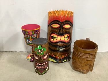 Tiki cups and decor(10in.tallest)