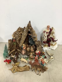 Wooden Nativity scene and old Christmas figurines(tallest 14in.)