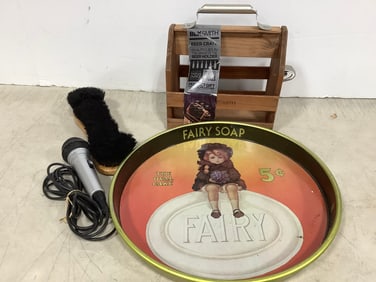 Blk Smith Beer Crate, Fairysoap Tin Tray (14in Across), Microphone, and more