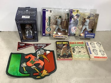McFarlane Jason Giambi Figures, Vintage Miami Hurricanes Patch, Game of Thrones Bobble Head, and