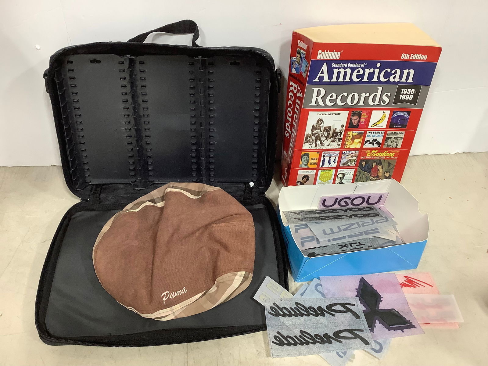 American Standard Catalog of Records, Case it Cassette Tape Holder, Puma Hat, and Iron On Patches: American Standard Catalog of Records, Case it Cassette Tape Holder, Puma Hat, and Iron On Patches