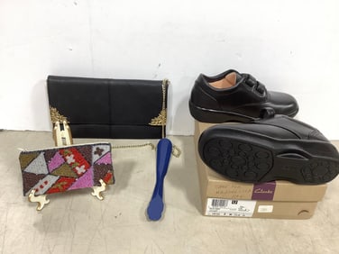 Clarks Shoes (Size: 8), Various Handbags, and more